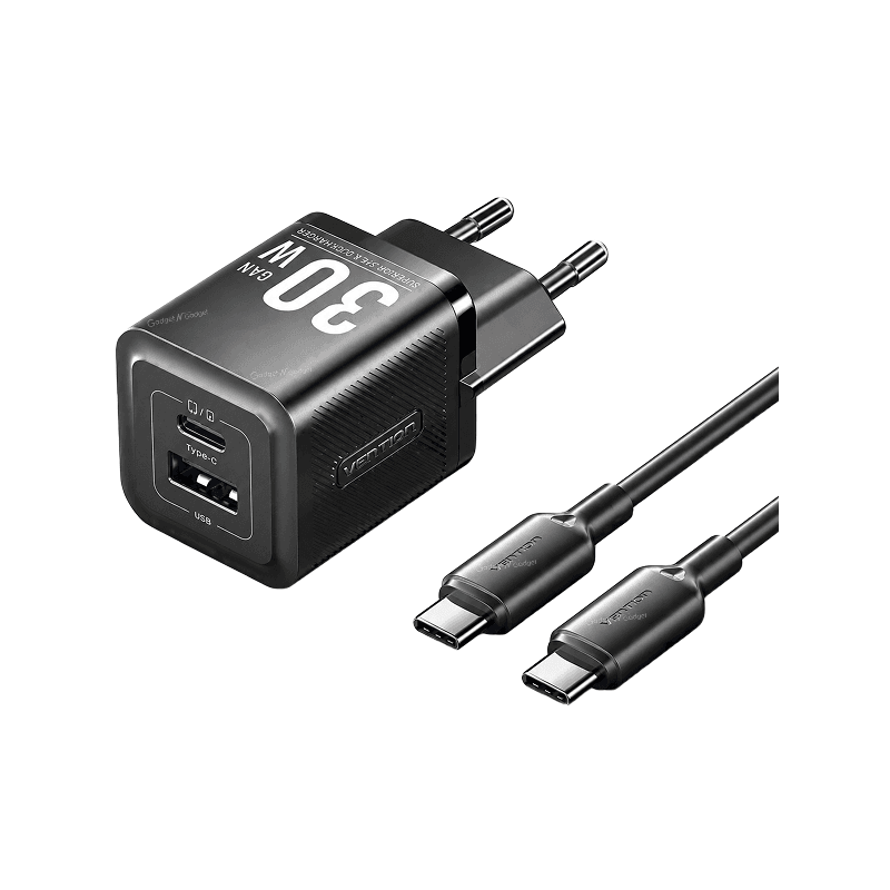 VENTION TZ-FEQB0-US-01 2-Port 30W USB (C+A) GaN Charger with Type-C Cable - US Plug