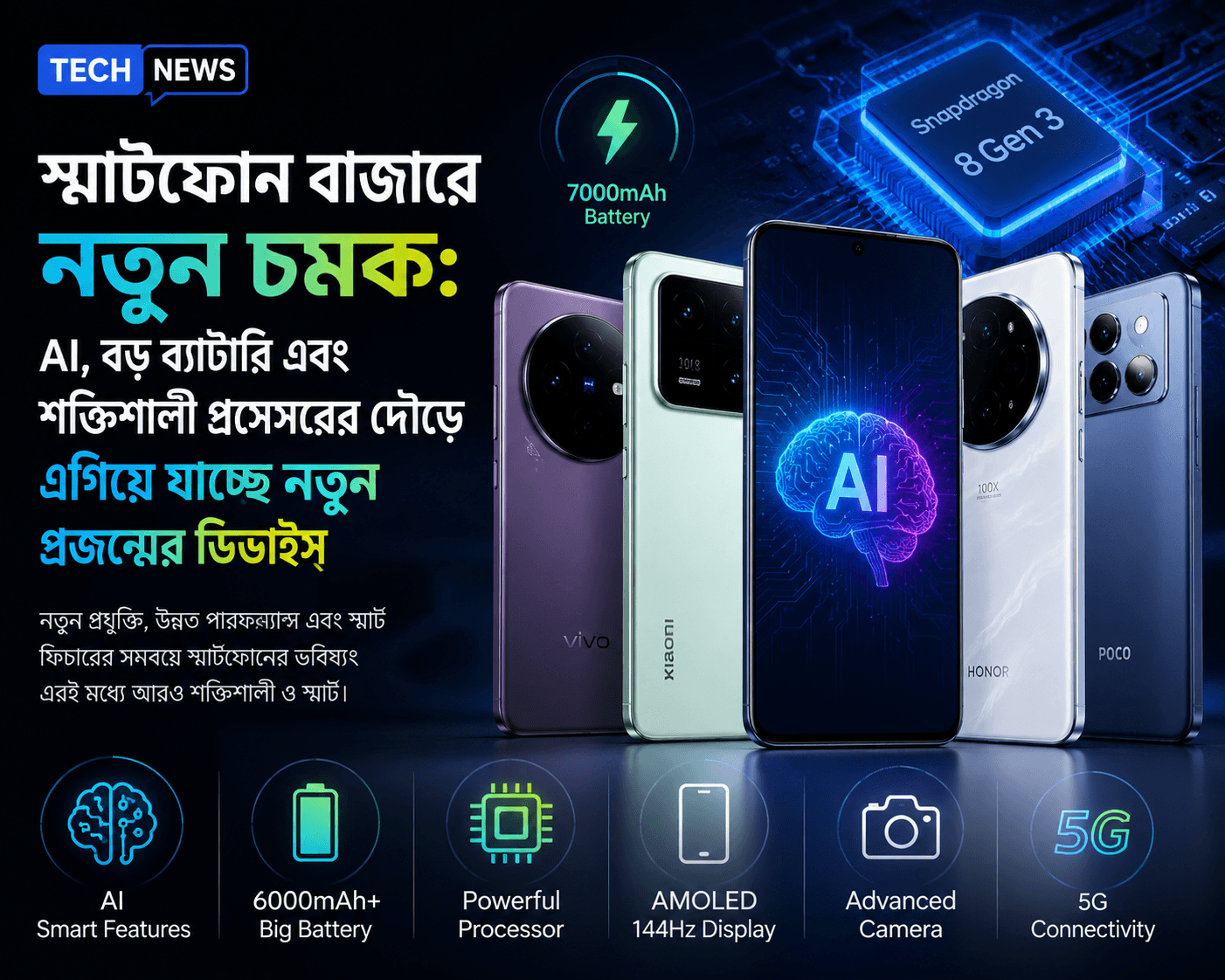 স্মার্টফোন বাজারে নতুন চমক: AI, বড় ব্যাটারি এবং শক্তিশালী প্রসেসরের দৌড়ে এগিয়ে যাচ্ছে নতুন প্রজন্মের ডিভাইস